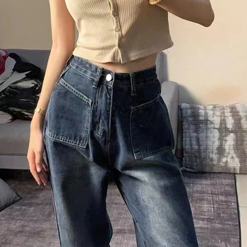 קוריאני אופנה ג 'ינס רגל ישר אישה גבוהה המותניים נקבה בגדים Y2k וינטאג', בגדי ג 'ינס כחול ג' ינס נשים אופנת רחוב