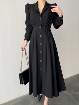 קוריאני אופנה נשים אלגנטי קליל Midi שמלה שחורה עם חזה משובח סלים קפלים OL Vestidos נשי אופנתי מוצק צד החלוק החדש
