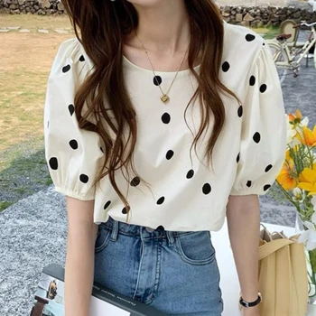 קיץ שיפון חולצה העליון אלגנטי לאישה פולקה דוט מודפסים חולצה חולצה של נשים קוריאני רטרו אופנה ילדה מתוקה קצר שרוול החולצה