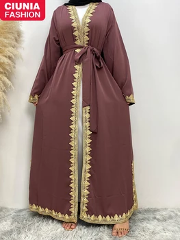 רמדאן קימונו המוסלמים אישה Abaya טורקיה Kaftan האסלאם בגדים אפליקציות שרוול ארוך דובאי צנוע החלוק מרוקאי גלימה אישה