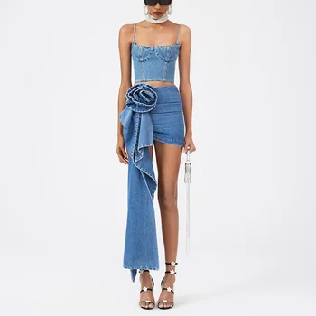 שכבתי זמן מטופחת עם 3D רוז קישוט כותנה חצאית מיני ג ' ינס אופנה רחוב צדדי Y2k נשים חצאית 2023 אביב החדשה