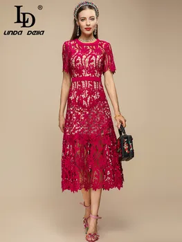 תעודת זהות לינדה דלה 2023 אופנה המסלול שמלת הקיץ נשים O-צוואר קצר שרוול חלול החוצה רקמה אדום משובח מסיבת Midi שמלה